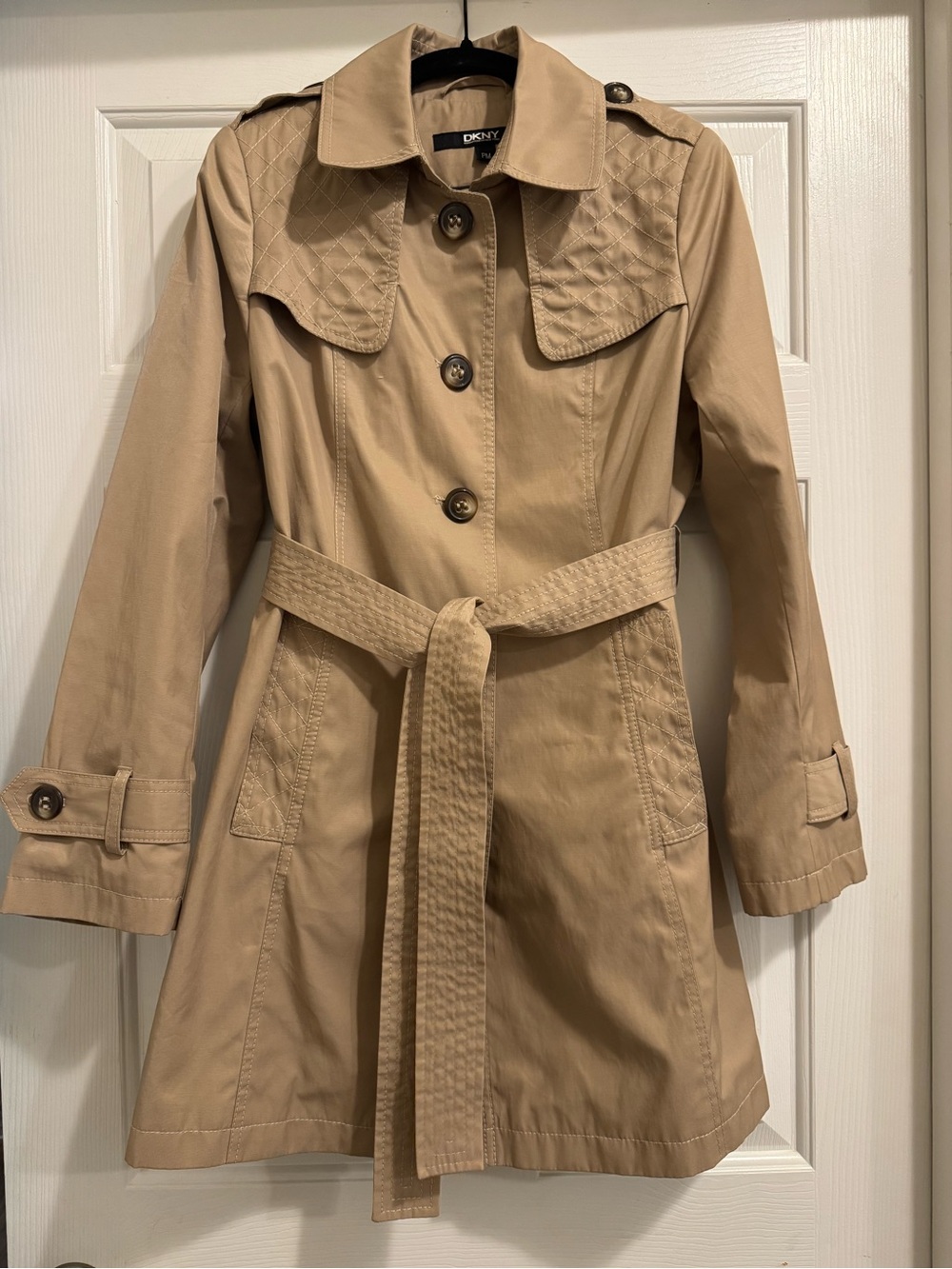 DKNY Tan Quilted Yoke Trench Coat with Belt